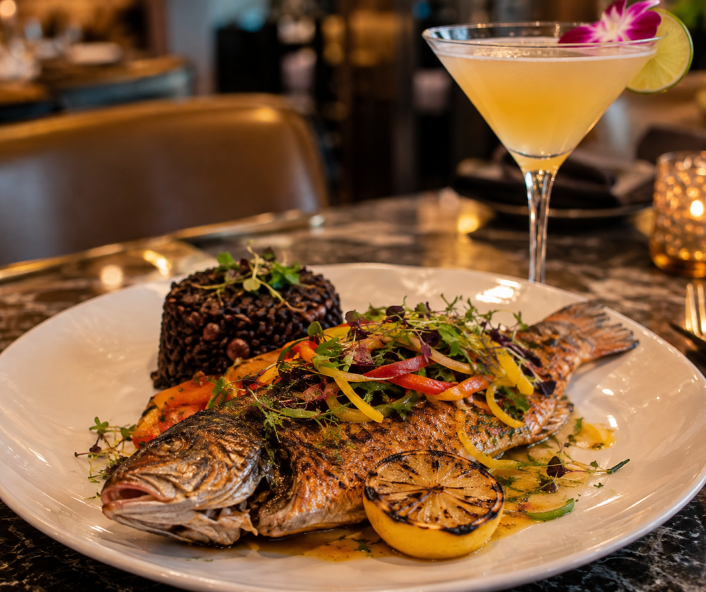 Gourmet Grilled Fish and Orchid Cocktail